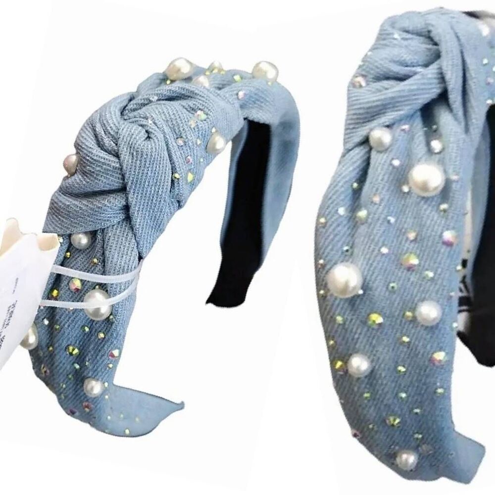 Gem Bella Light Blue‎ Denim Embellished Top Knot Headband NWT